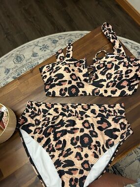 Leopard Print High-Waist Bikini Set - Pink/Black
